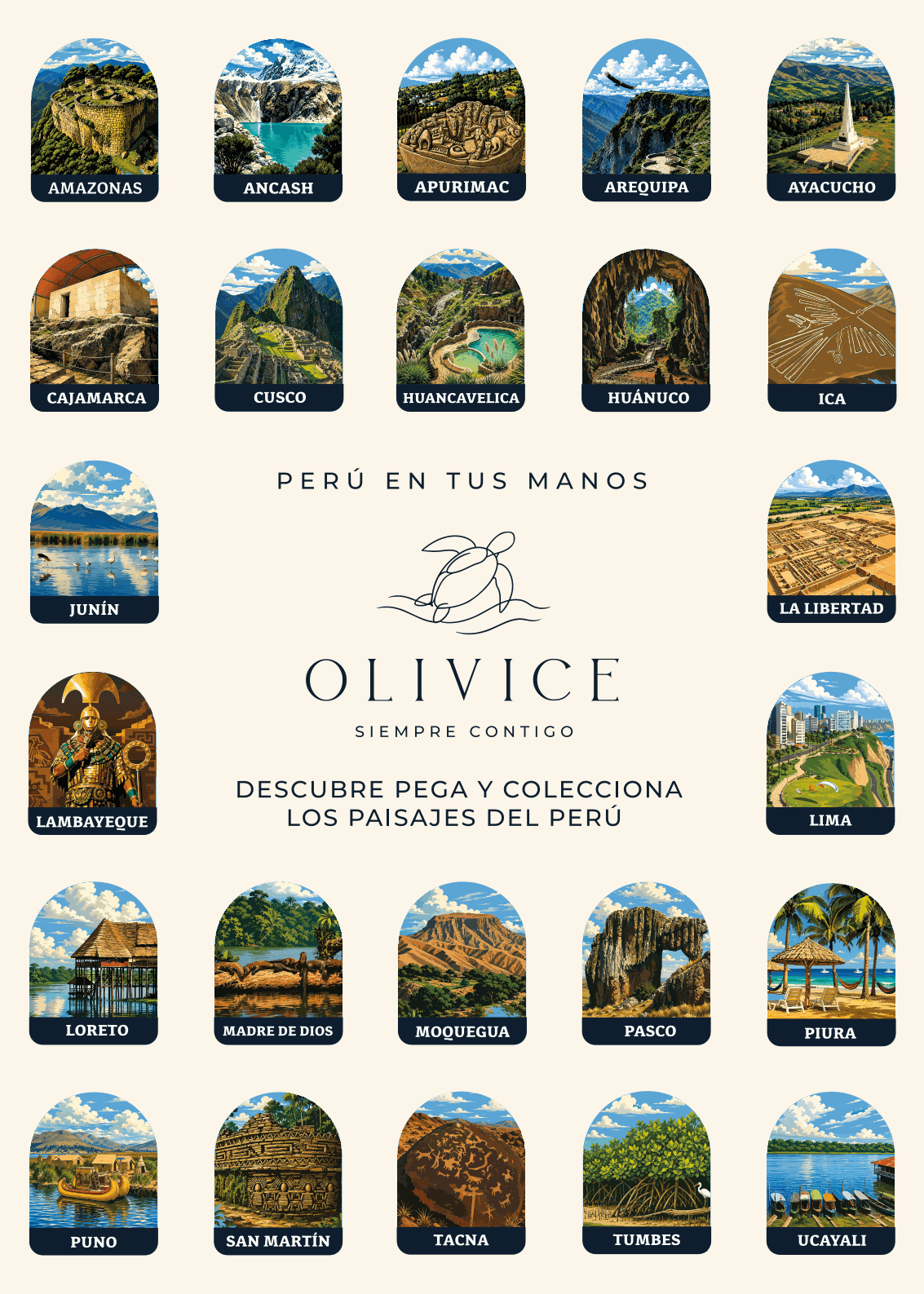Cartilla de stickers OLIVICE con los 24 departamentos del Perú